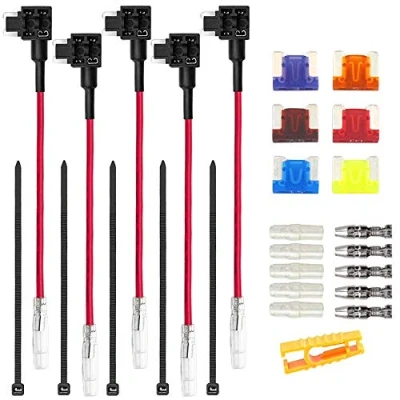Immagine di Aiqeer 5 Pezzi 12V / 24V Basso Profilo Add a Circuit Portafusibili, Adattatore Fusibili Auto con 16 AWG Cavo, Gratuito 6 Lama Micro e Estrattore di (Terminale Testa)