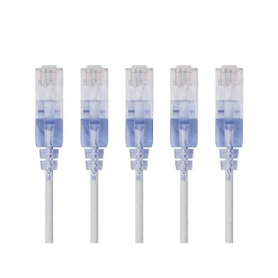 Immagine di Monoprice SlimRun cavo patch Ethernet Cat6A, 90 cm, bianco, di rete Internet RJ45, 550 MHz, UTP, filo rame puro nudo, 10 G, 30 AWG, confezione da 5