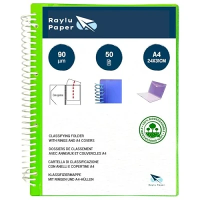 Immagine di Raylu Paper® Raccoglitore ad anelli con buste trasparenti A4 da 90 micron e busta chiusura in velcro, copertina personalizzabile. Cartellina 100% biodegradabili (50 federe, verde)
