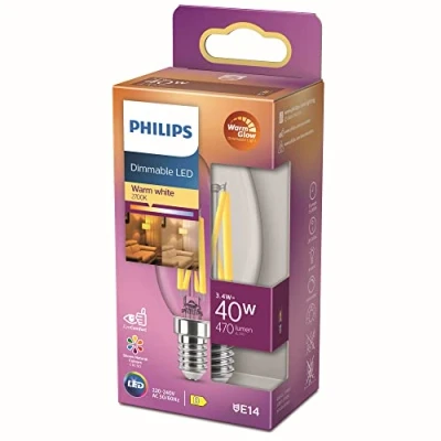 Immagine di Philips LED Lampadina Candle &amp; Lustre, Oliva, Filamento, WarmGlow, 3.4 40W, Dimmerabile, E14, 1 pezzo