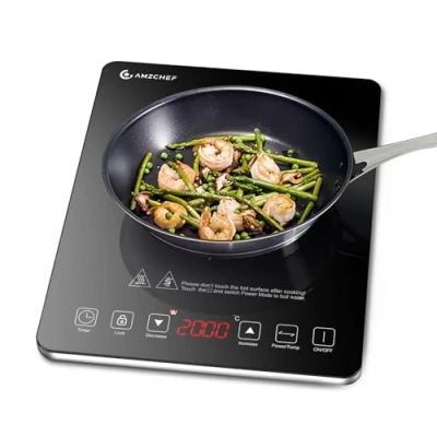 Immagine di Piastra ad induzione,AMZCHEF piano Cottura a induzione elettrica con superficie in vetro cristallo nero lucido, design portatile ultrasottile, controllo touch sensor e blocco di sicurezza,2000W