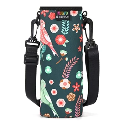 Immagine di Nuovoware Custodia Bottiglia, Porta Bottiglia Acqua in Neoprene con Tracolla Regolabile 76 150 cm, Diametro 7.5 Accessori Bambini per Acqua, Latte, Thermos, Lattine Floreale Verde