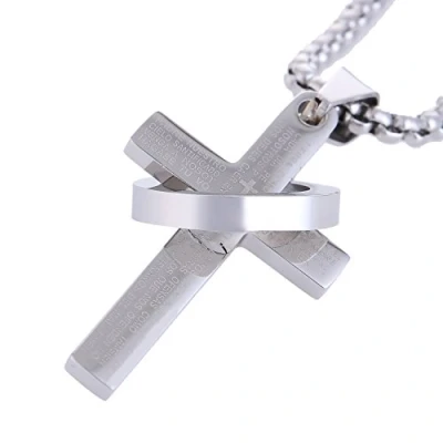 Immagine di DonDon Collana Uomo in Acciaio Inox con Ciondolo a Forma di Croce Argento Sacchetto Velluto