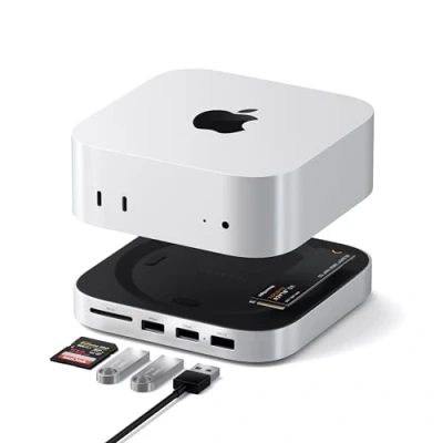 Immagine di SATECHI Mac Mini M4 Hub &amp; Stand con custodia SSD NVMe,Dock 2 USB A 10 Gbps, porta dati A, lettore di schede SD per MacMiniM4/Pro Argento