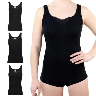 Immagine di SES Canottiera da donna, confezione 3 pezzi, con pizzo in 100% cotone, Nero, 42