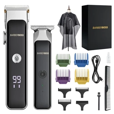 Immagine di BarberBoss regolabarba portatile da uomo, modello Duo, professionale lama in ceramica autoaffilante, quadrante di precisione, ricarica USB e display LED, QR 2682