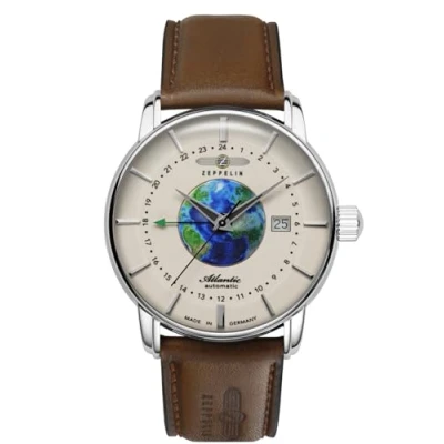 Immagine di Zeppelin Orologio da uomo serie Atlantic automatico con GMT e cinturino in pelle marrone 8468 5, cinghia