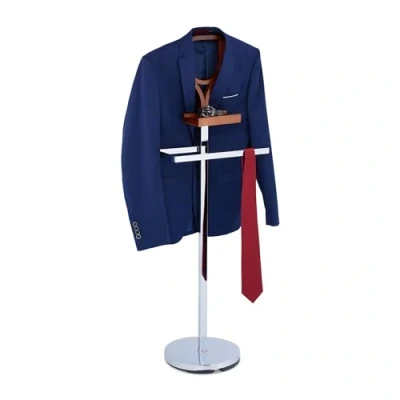 Immagine di Relaxdays Servomuto con Ripiano, Appendiabiti da Terra per Giacca e Pantalone 120x45x28 cm, MDF Acciaio, Argento Marrone