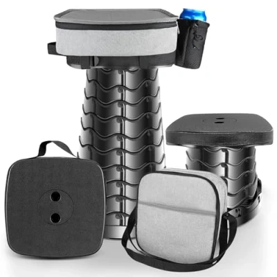 Immagine di HOVIBU Sgabello Pieghevole Portatile con Cuscino e Portabicchieri, Mini Telescopico, Leggero, Regolabile in Altezza, Carico 485LB, per Esterni, Pesca, Barbecue, Interni, Campeggio