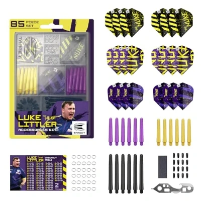 Immagine di Target Darts Set di Accessori per Freccette Luke Littler Kit Nuke 85 Pezzi, Inclusi voli e Protezioni Freccette, Alberi, multiutensile, affilatore Punte