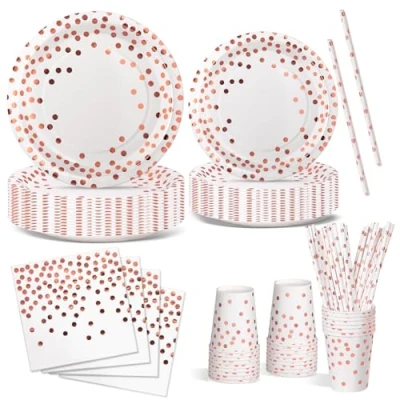 Immagine di Nkaiso Stoviglie per Feste 120 Pezzi Rosa Oro Festa della Addobbi Ragazza di Compleanno dei Dambini Posate Set Include Piatto USA e Getta Carta Party Tovaglioli 24 Ospiti