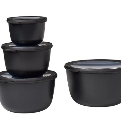Immagine di Mepal Set di 4 Contenitori Cirqula Rotondo per Alimenti con Coperchio Adatti come Ermetici Frigo, Freezer, Microonde 500, 1000, 2000 &amp; 3000 ml Nordic Black