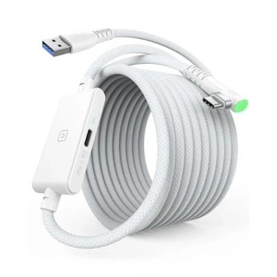 Immagine di INIU Cavo di collegamento VR Premium da 4,9 m con ricarica, USB 3.0 compatibile Meta Quest 3s, Oculus 3/2/Pro, Pico 4, PC e Steam VR, accessorio perfetto per realtà virtuale bianca,