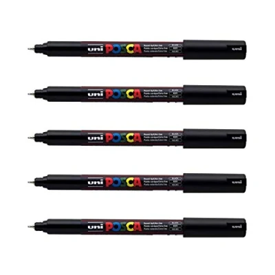 Immagine di posca Uni Mitsubishi Pencil 5 pennarelli neri PC1MR punta extra fine calibrata 0,7 mm Pennarello a base d&#039;acqua qualsiasi supporto per carta, tessuto, vetro, ciottoli, ecc.