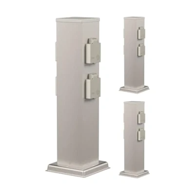 Immagine di ledscom.de 3 prese da giardino a colonna POLLY per esterni, IP44, 4 vie, acciaio inox, quadrate, 40 cm