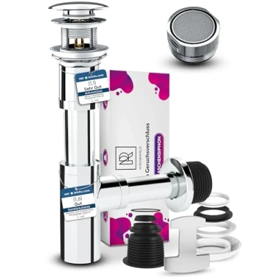 Immagine di Sifone di design + scarico cromato POP UP valvola con troppopieno 1 rompigetto M24 per rubinetto Tappo antiodore guarnizioni apertura la pulizia