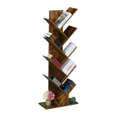 Immagine di Relaxdays Scaffale Libreria, Mobile Stretto da Terra con 9 Ripiani ad Albero per Libri, CD, HLP: 146x38x22 cm, Marrone, Fibra di Legno