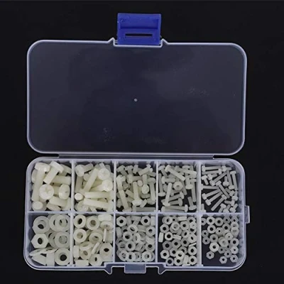 Immagine di 270Pcs M2/M2.5/M3/M4/M5 kit rondella per dadi a vite in nylon, di assortimento bulloneria montaggio con dado esagonale nylon scatola plastica, nero/bianco(White)