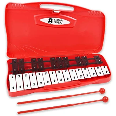 Immagine di a Star Xilofono Glockenspiel cromatico soprano 25 note in custodia rossa con tasti neri/bianchi e due battitori plastica 2 ottave da G5 G7