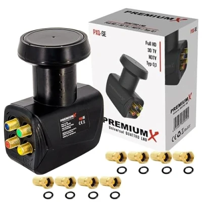 Immagine di PremiumX Quattro LNB per Multiswitch Convertitore di segnale TV con protezione dalle intemperie satellitare digitale in nero inclusi 8 connettori F DVB S2 8K UHD 4K Full HD