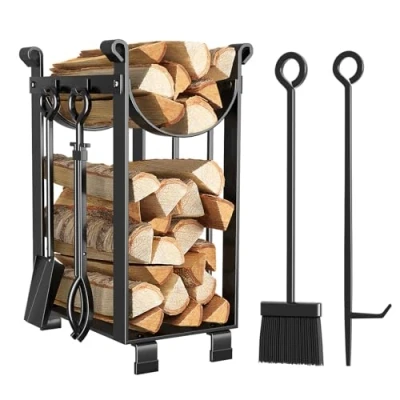 Immagine di Amagabeli Portalegna Legna da ardere con 4 Strumenti 78x29x36cm Interni set di Caminetti Grande Capacità Esterni Scaffale Porta 2 Ripiani Ceppi Cremagliera del Camino