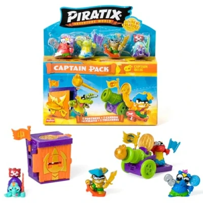 Immagine di PIRATIX Golden Treasure Series Captain Pack Ollie. Include 4 Piratix, 1 capitano d&#039;oro e pirata a sorpresa, accessori, fortezza, cannone, 2 tesori esclusivi bandiere. Confezione 6 su