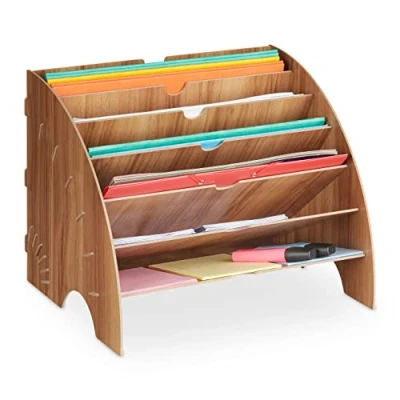 Immagine di Relaxdays Portadocumenti da Scrivania, 6 Scomparti, DIN A4, HLP: 27x34x27 cm, Ufficio e Scuola, Desk Organizer, Marrone, 100% Fibra di Legno 0%