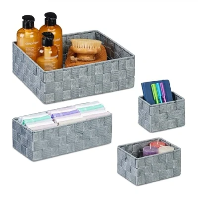 Immagine di Relaxdays Set 4 Cestini Portaoggetti, Organizer Varie Misure, Intrecciati, in Plastica, Struttura Metallo, Grigio, Ferro