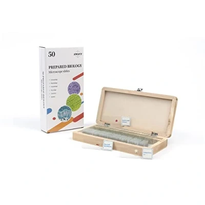 Immagine di SWIFT Set di 50 Vetrini da Microscopio Prefabbricati per l&#039;Educazione Base Biologica Della Scienza con Custodia in Legno