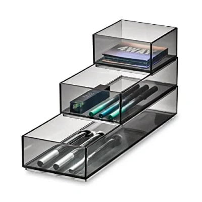 Immagine di iDesign Signature Series Porta Trucchi, Organizer cassetto Stack And Slide della Collezione Firmata da Sarah Tanno, Portatrucchi organizzatore Bagno in plastica, Grigio, 30,3 x 9,9 5,1 cm
