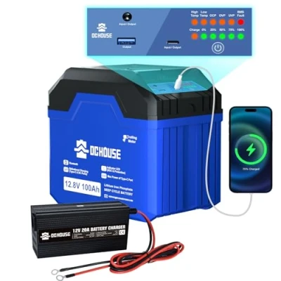 Immagine di DCHOUSE batteria al litio LiFePO4 100Ah 12V con caricabatteria 20A, fino a 15000 cicli, 1280Wh, per trolling motor, case mobili, system solari, campeggio, off grid
