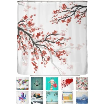 Immagine di arteneur® Tenda da doccia antimuffa, 200 x 220 cm, materiale riciclato Öko Tex Standard 100, orlo zavorrato, non trasparente, impermeabile, lavabile, con 12 anelli, motivo: fiori di ciliegio