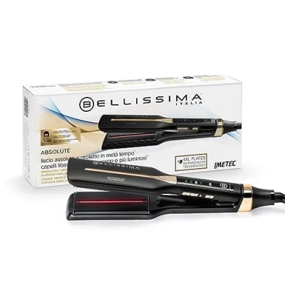 Immagine di Bellissima Imetec Absolute, Piastra per capelli professionale con piastre 4XL, Infrarossi e tecnologia a ioni, Controllo del calore, Rivestimento in ceramica cheratina, 4 Temperature, Beauty bag