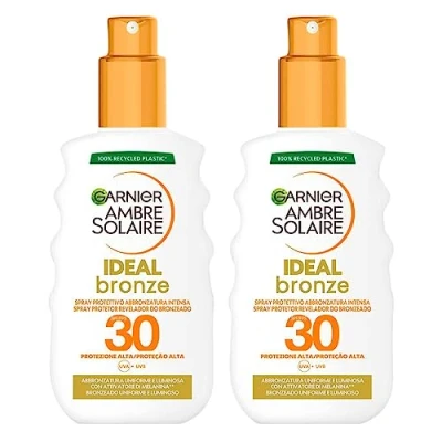 Immagine di Garnier Ambre Solaire Ideal Bronze Spray Solare Protettivo Viso Corpo SPF 30 Protezione Alta contro UVA UVB Formula Waterproof con Attivatore di Melanina per Abbronzatura Intensa 2 Flaconi da 200ml