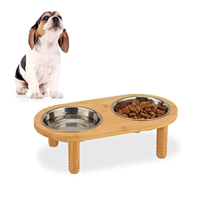 Immagine di Relaxdays Ciotole Rialzate per Piccoli Cani, 2 Scodelle da 300 ml, in Bambù &amp; Acciaio Inossidabile, naturale/argento