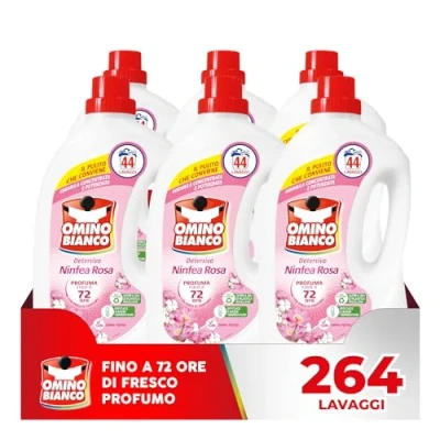 Immagine di Omino Bianco Detersivo Lavatrice Liquido, 264 Lavaggi, Rispetta Colori e Tessuti, Fresco Profumo di Ninfea Rosa, 1760 ml x 6 Confezioni