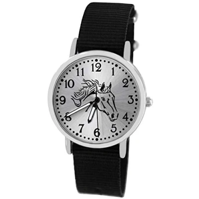 Immagine di Pacific Time Orologio da polso per bambini, con cavalli, in tessuto, analogico, al quarzo, colore: Nero, 10407 cinghia