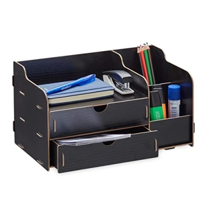 Immagine di Relaxdays Portadocumenti da Scrivania, 3 Scomparti 2 Cassetti, Portapenne HLP: 17x33x19 cm, Ufficio e Scuola, Nero