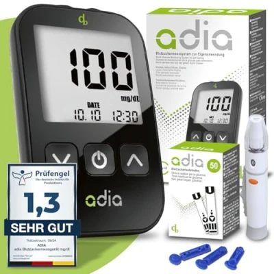 Immagine di adia glucometro (mg) + 60 strisce per glicemia 10 lancette, 1 pungidito, astuccio, misurare kit completo il monitoraggio della diabetic