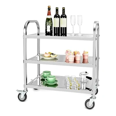 Immagine di QWORK® Carrello da cucina a 3 livelli 75 x 40 83,5 cm Acciaio inossidabile 201 Ruote silenziose con freni