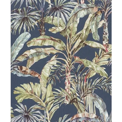 Immagine di Rasch 485288 Carta da parati in tessuto non con palme e foglie blu su verde della collezione Florentine III 10,05 m x 0,53 (L B)
