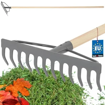 Immagine di KOTARBAU® rastrello in metallo con 12 denti manico legno, da giardino testa rinforzata, acciaio, per foglie ed erba,