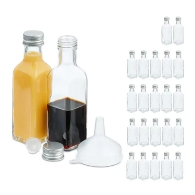 Immagine di Relaxdays Set 24 Bottigliette in Vetro per Bomboniere, Bottiglie da 100 ml, Barattolini con Tappo, Trasparente Argentato, Acciaio Inox