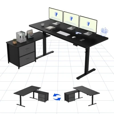 Immagine di FLEXISPOT Scrivania Elettrica da 160 x 70 cm, Altezza Regolabile, a Forma di L, con 2 Cassetti, per Casa e Ufficio, Nero