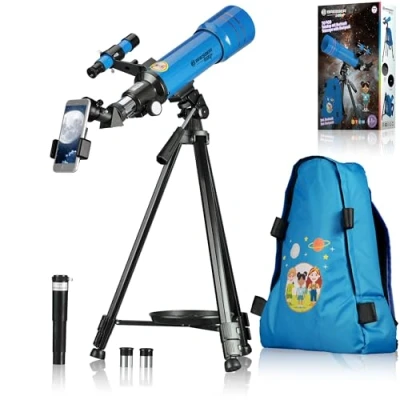 Immagine di Bresser telescopio per bambini Junior 70/400 dai 8 anni in su, astronomia principianti, con zaino, accessori e supporto smartphone, cielo notturno, blu