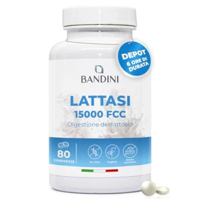 Immagine di Bandini® Lattasi DEPOT 15.000 FCC 80 Compresse a Lento Rilascio (6 ORE) per Intolleranza al Lattosio Digestione di Latte e Latticini Enzimi Digestivi Intestino Vegan, Senza Additivi