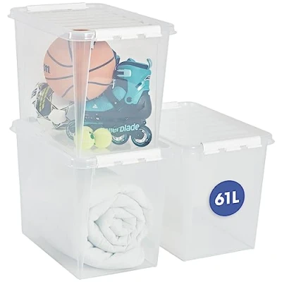 Immagine di SmartStore Scatole portaoggetti grandi in plastica con coperchio, 61 l, confezione da 3, rinforzate, trasparenti, 10 anni, sicure per alimenti, chiusura a clip, impilabili e impilabili, 59 x 39