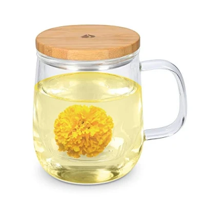 Immagine di Navaris Brocca da tè con Infusore Bicchiere Teiera Manico e Colino in Vetro Borosilicato Tappo Sottobicchiere bambù Metallo Tazza Regalo