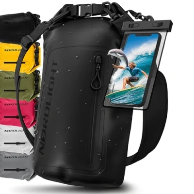 Immagine di Nordlight Dry Bag Sacca Impermeabile + Custodia per Cellulare Chiusura Arrotolabile, Tracolla Zaino Stagna Borsa Spiaggia, Canoa, SUP, Immersioni Nero, 30 Litri