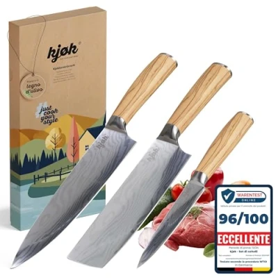 Immagine di kjøk Set di coltelli professionali durezza 58±2 HRC asiatici tipo damasco giapponese e manico in legno d’olivo composto da un coltello professionale Nakiri, chef 20cm 13cm